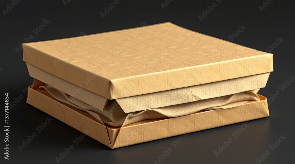 Poster close up view of a square cardboard box partially opened