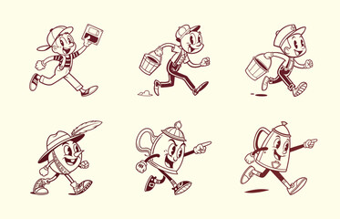 Vintage Animation Characters Sprinting in Playful Action, Retro Setting, Fun Illustrations, Cheerful Environment