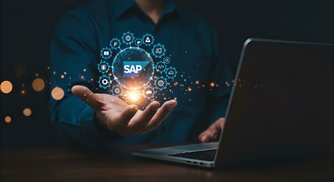 SAP Technology Solutions: Man Holding Digital SAP Logo with Laptop - Enterprise Resource Planning (ERP) Software for Business Automation