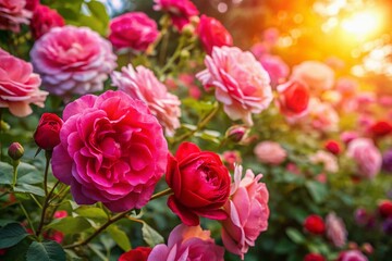 Aerial Drone View of Lush Rose Garden, Blooming Pink and Red Roses