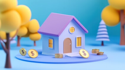 a whimsical cartoon house surrounded by trees and golden dollar coins suggesting financial security