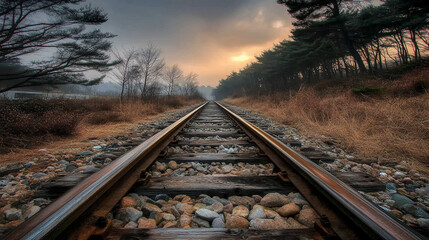 Fototapeta premium Scenic railroad tracks vanishing into a misty sunset.