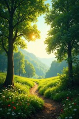 Fototapeta premium Panoramic landscape with sunlight filtering through trees , serene, peaceful