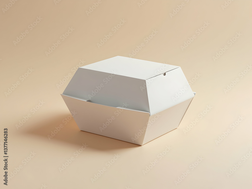 Poster minimalist presentation of a white blank burger box with realistic folding on a neutral surface, sui