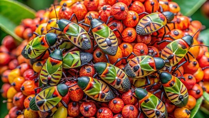 Fototapeta premium Aerial View: Cotton Harlequin Bug Nymphs on Illawarra Flame Tree Seed Pods, Queensland, Australia