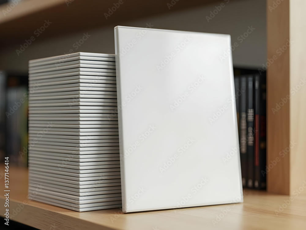Aufkleber minimalist presentation, stack of blank discs or cases for mockup on wooden shelf, emphasizing simpl