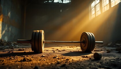 Barbell on Dusty Floor with Sunlight Rays in Grunge Gym Setting