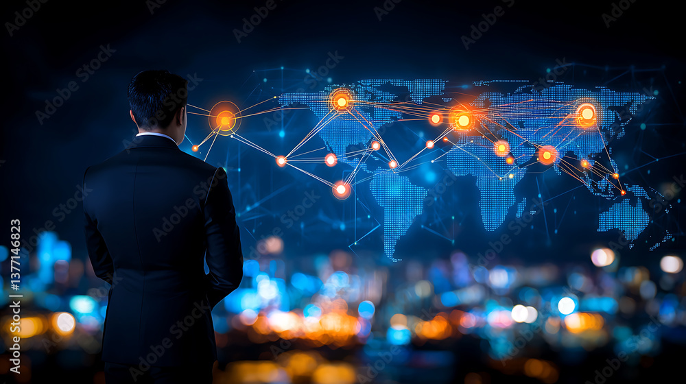Poster global business networking event corporate office digital map visualization evening professional ins