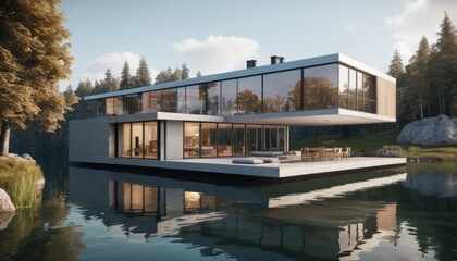 Modern Lake House With Glass Facade And Concrete Structure