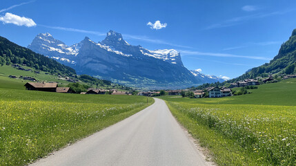 Scenic road through Swiss Alps valley with wildflowers.