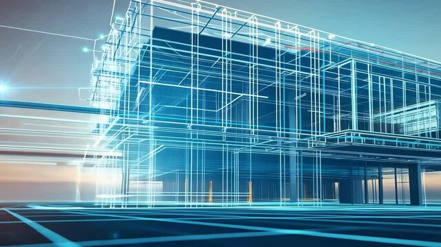 Blueprint of Modern Architecture: A dynamic depiction of a modern building, its architectural framework illuminated in a sleek, technological blueprint.