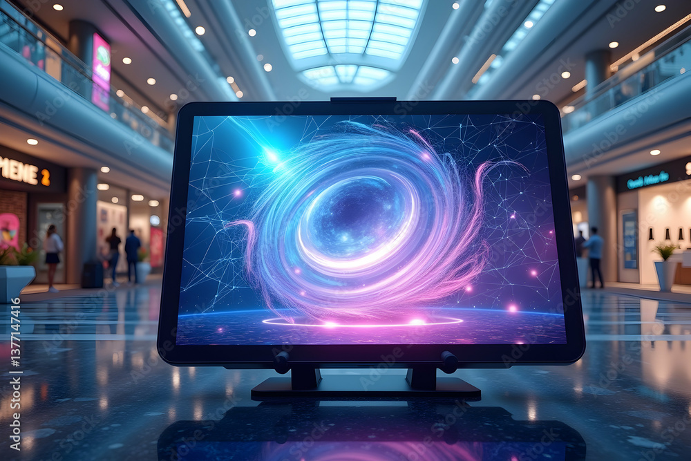 Poster modern interactive display showcasing abstract digital art in a contemporary space, evoking themes o