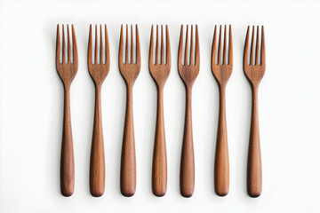 Wooden forks neatly arranged on a white surface for elegant dining and rustic charm