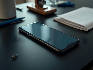 Modern Workspace Composition Featuring a Smartphone with Blank Screen Ready for New Ideas and Projects, Surrounded by Office Supplies and Documents