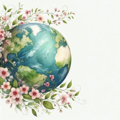 Elegant Earth Day card design: A beautifully detailed watercolor illustration of planet Earth half-covered with blooming flowers and delicate green vines, on a clean white background, space for text.