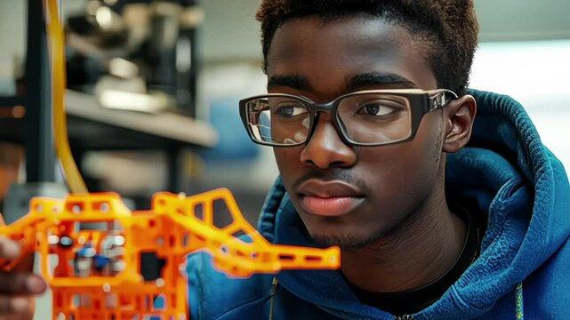 A focused boy examines an intricate orange construction model.