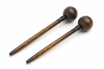 Pair of dark wooden percussion mallets with spherical heads for musical instruments