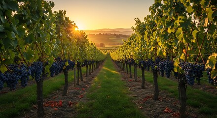 Fototapeta premium Sunset Over Vineyard with Ripe Grapes and Green Rows Agriculture