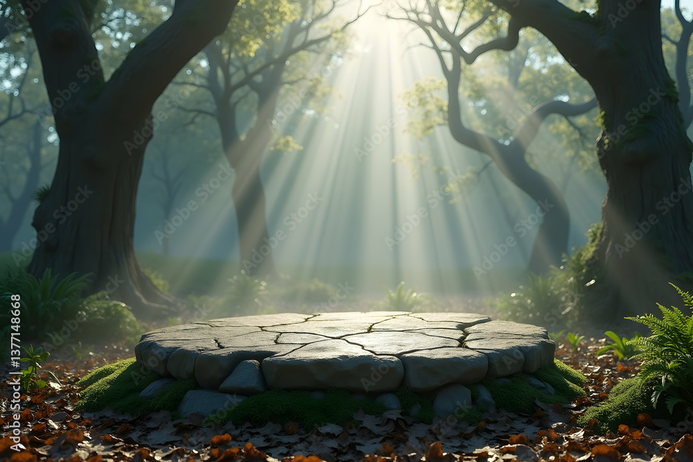 Poster mystical forest scene with weathered stone podium bathed in ethereal sunlight, creating a captivatin