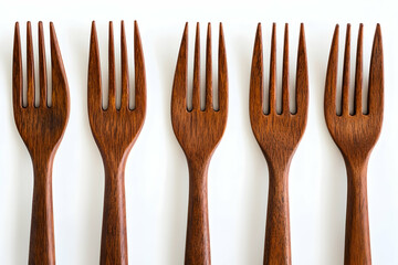 Five wooden forks lined up on white background showcasing rustic kitchen utensils