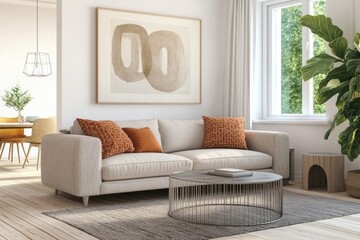 Modern beige living room with minimalist decor