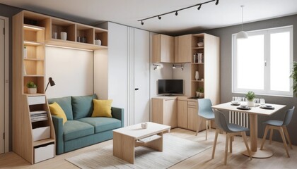 Fototapeta premium Modern Minimalist Studio Apartment Interior Design With Teal Sofa And Light