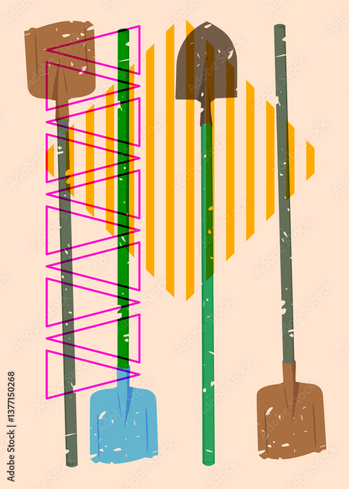 Poster risograph spade, shovel with geometric shapes. objects in trendy riso graph print texture style desi