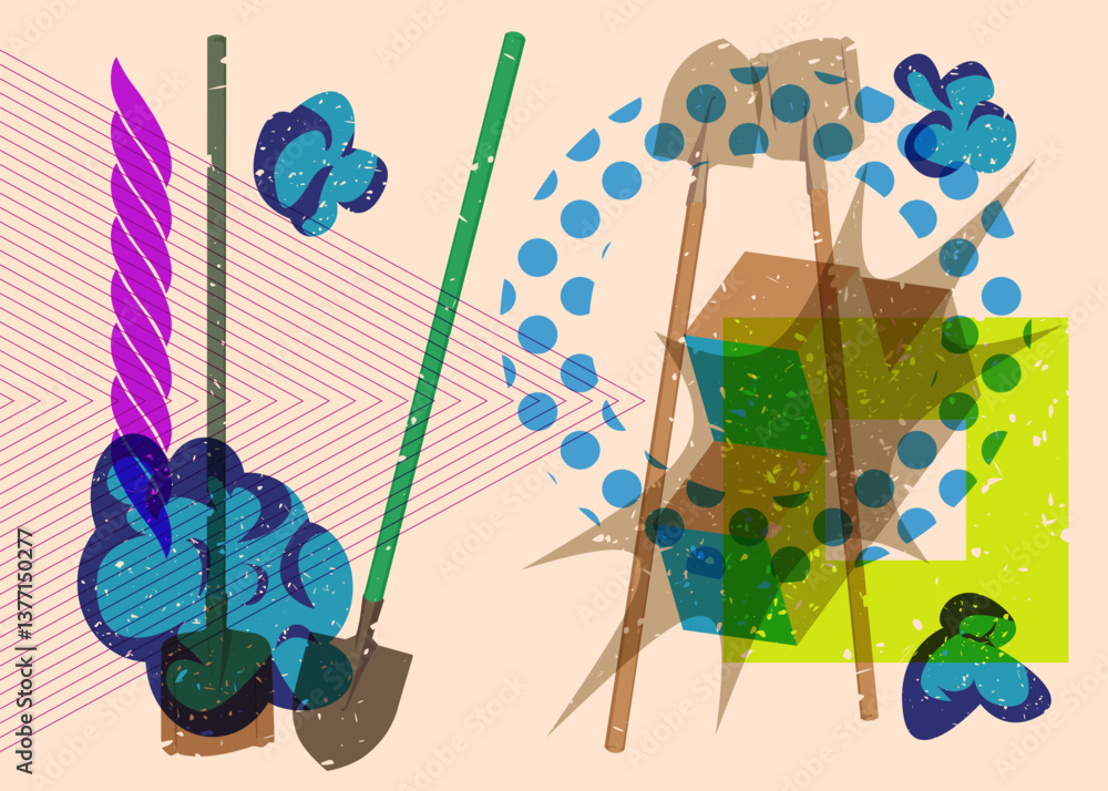Poster risograph spade, shovel with geometric shapes. objects in trendy riso graph print texture style desi