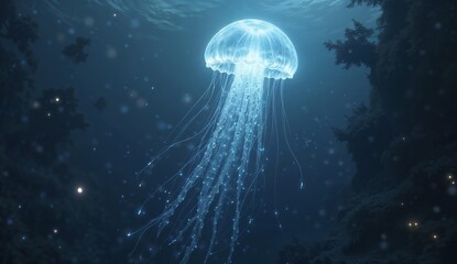 A surreal glowing jellyfish, the size of a house, drifting through the deep ocean.
