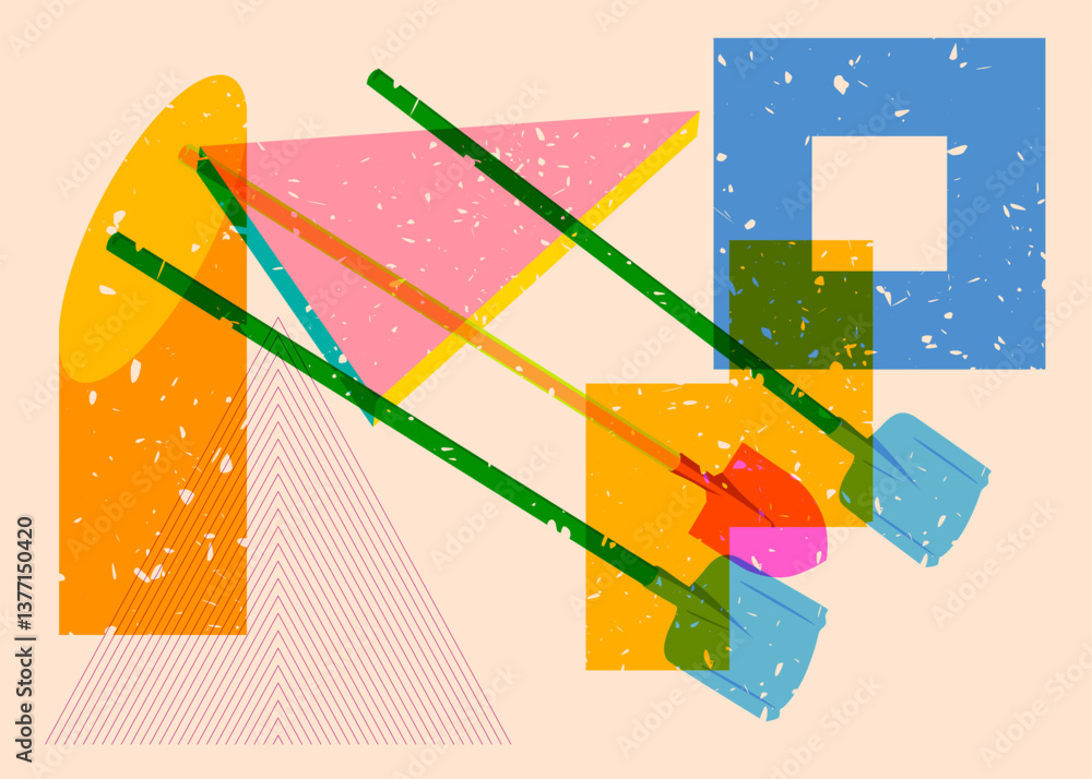 Poster risograph spade, shovel with geometric shapes. objects in trendy riso graph print texture style desi