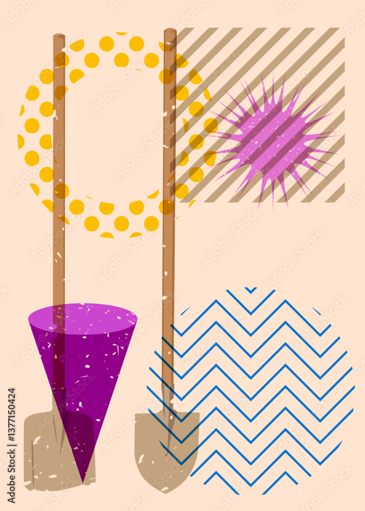 Poster risograph spade, shovel with geometric shapes. objects in trendy riso graph print texture style desi