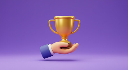 Fototapeta premium A hand proudly presents a gleaming golden trophy, a symbol of achievement and triumph against a soft purple backdrop.