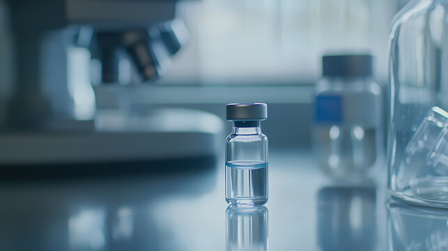 Close-up of vaccine vial on sterile table, highlighting pharmaceutical research and public health debate. Symbolizing immunization development challenges and scientific uncertainty