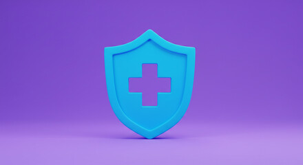 Fototapeta premium A vibrant blue shield symbolizing health protection and safety against illness, rendered in a clean, minimalist style on a purple background.