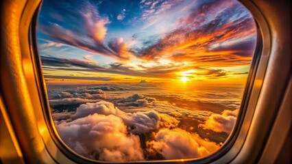 Airplane Window Sunset, Vibrant Sky, Golden Hour Flight, Aerial View, Colorful Cloudscape