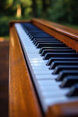 Close-up of a wooden piano keyboard outdoors, sunlight reflecting on keys