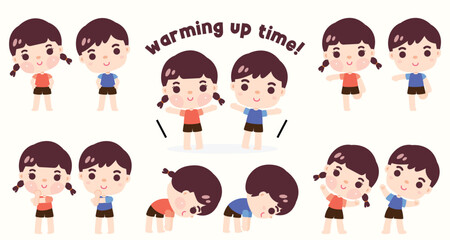 Cute children boy and girl doing warming up illustration