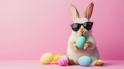 Stylish bunny in black sunglasses holds a blue Easter egg among vibrant eggs on a pink background. Ideal for Easter promotions, spring campaigns, or festive content