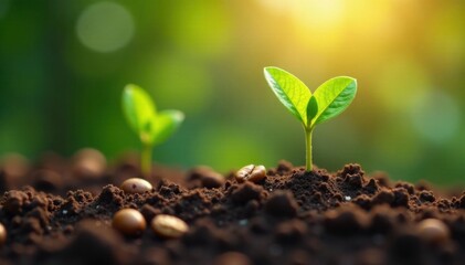 Seedlings emerging from coffee bean pods in a garden, nature, agriculture, foliage