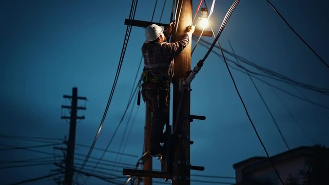 A worker climbs a utility pole at dusk, illuminated by a streetlight. The low-angle shot captures the scene's dramatic and industrious mood, ideal for video use.
