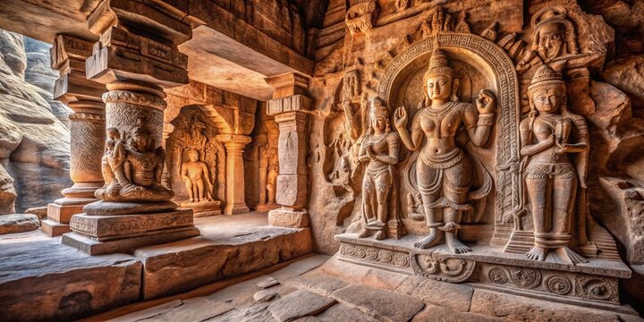 Ancient Indian Rock-Cut Cave Temple Relief Sculpture, Badami, Karnataka