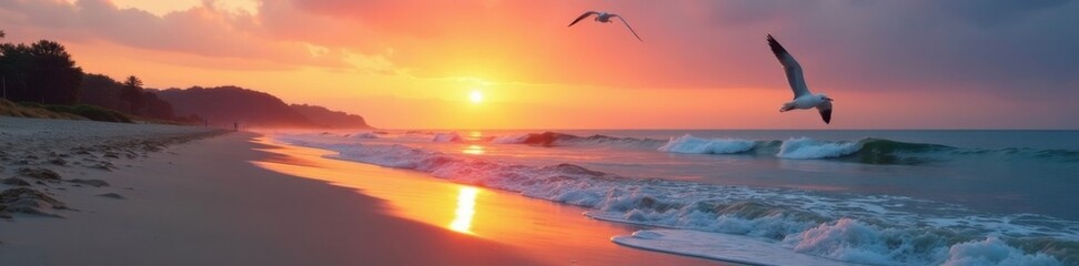 Serene sandy beach at sunset with gentle waves and a few seagulls flying overhead, beach, sky