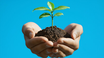  hands holding a small sapling against a clear blue sky