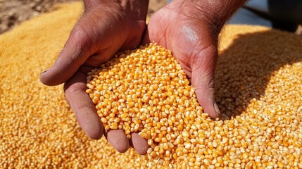 Farmer's hands holding harvested corn kernels.