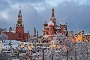 View of Vasilyevsky Descent Square, the Spasskaya Tower of the Moscow Kremlin and St. Basil's...