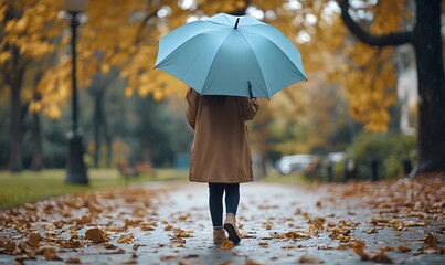 Obraz premium girl walking through a park carrying a light blue umbrella, Generative AI