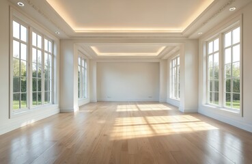 Fototapeta premium Spacious new luxury modern house interior. Empty room with large windows. Wooden floor, decorative moldings. Interior design concept for apartment, home, property, real estate.