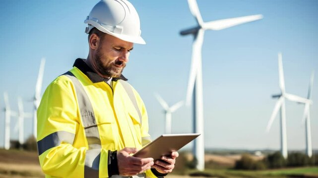 A video still of a worker in a yellow jacket and helmet, holding a tablet, with wind turbines in the background. Side angle captures the scene.