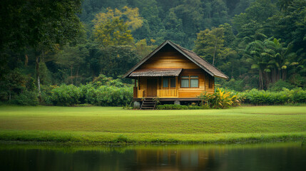 Obraz premium Secluded wooden cabin by lake in lush green forest.