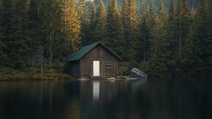 Secluded wooden cabin on tranquil lake, nestled amongst dense evergreen forest.